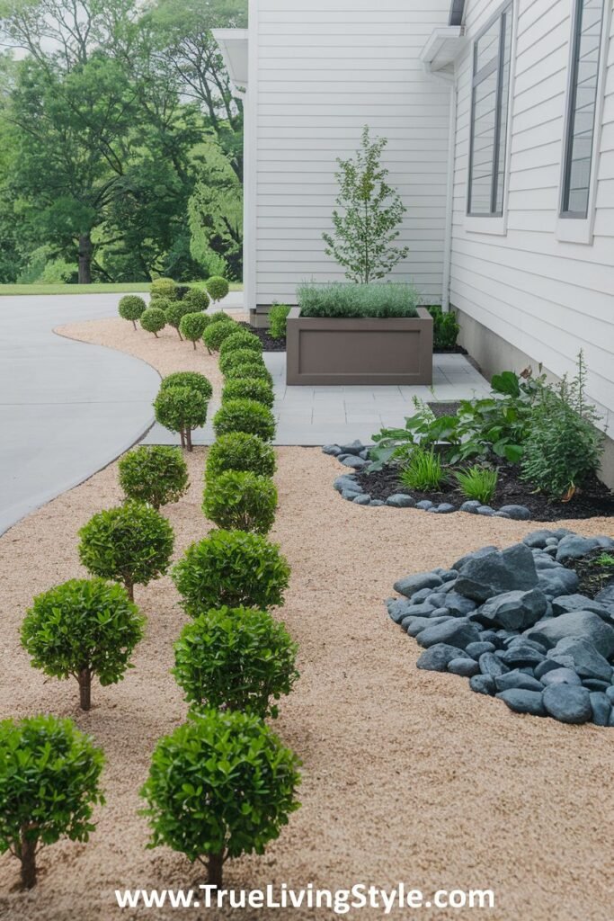 A gravel driveway lined with round bushes, leading to a house with a planter box.