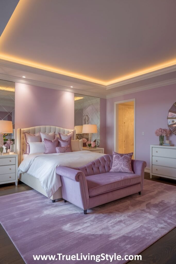 A bedroom featuring a purple color scheme with a bed, chaise lounge, and rug.