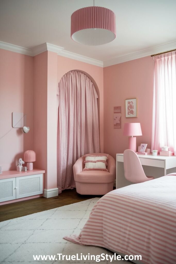 A pink bedroom with a rounded doorway, pink chair, and striped bedding.