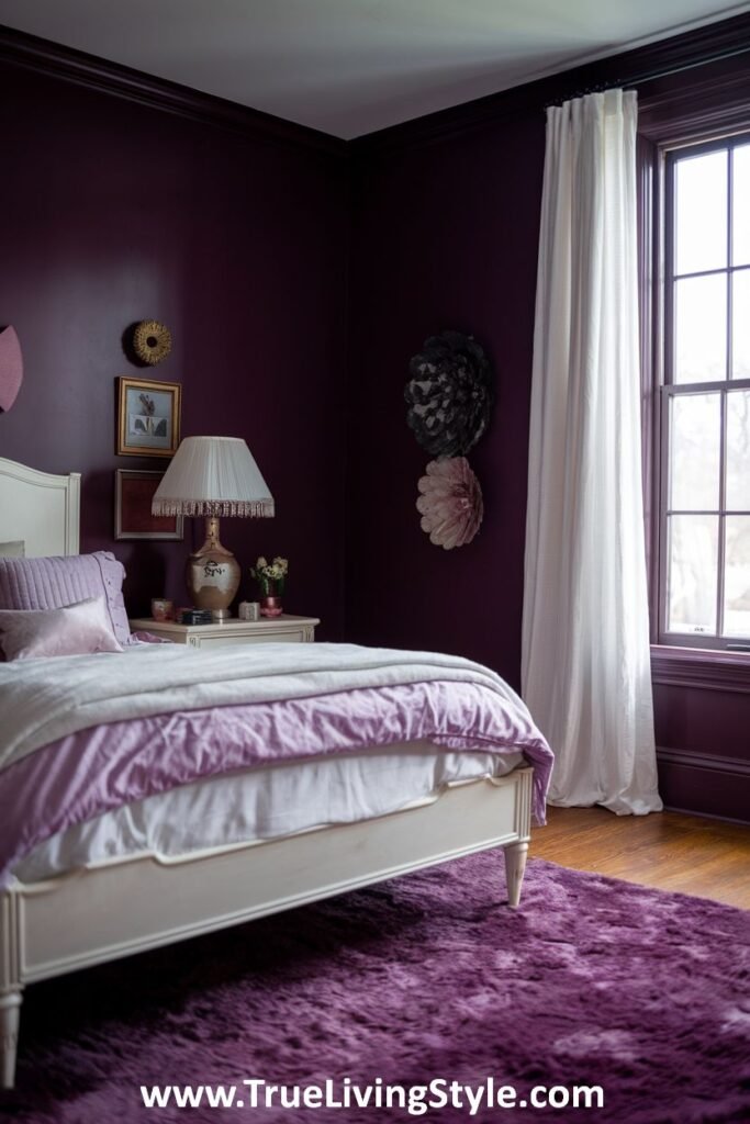 A bedroom with dark purple walls, a white bed, and a purple rug.