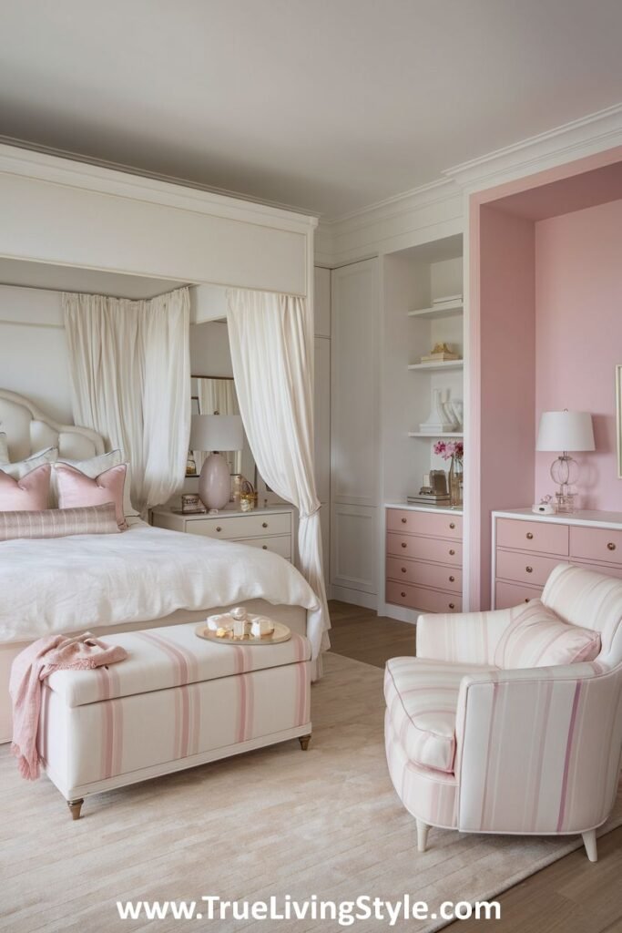 A bedroom with a four-poster bed, striped furniture, and pink accents.