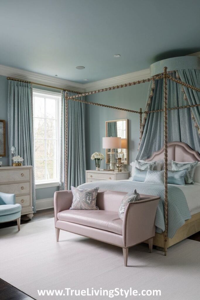 A bedroom with light blue walls, a four-poster bed, and a pink settee.