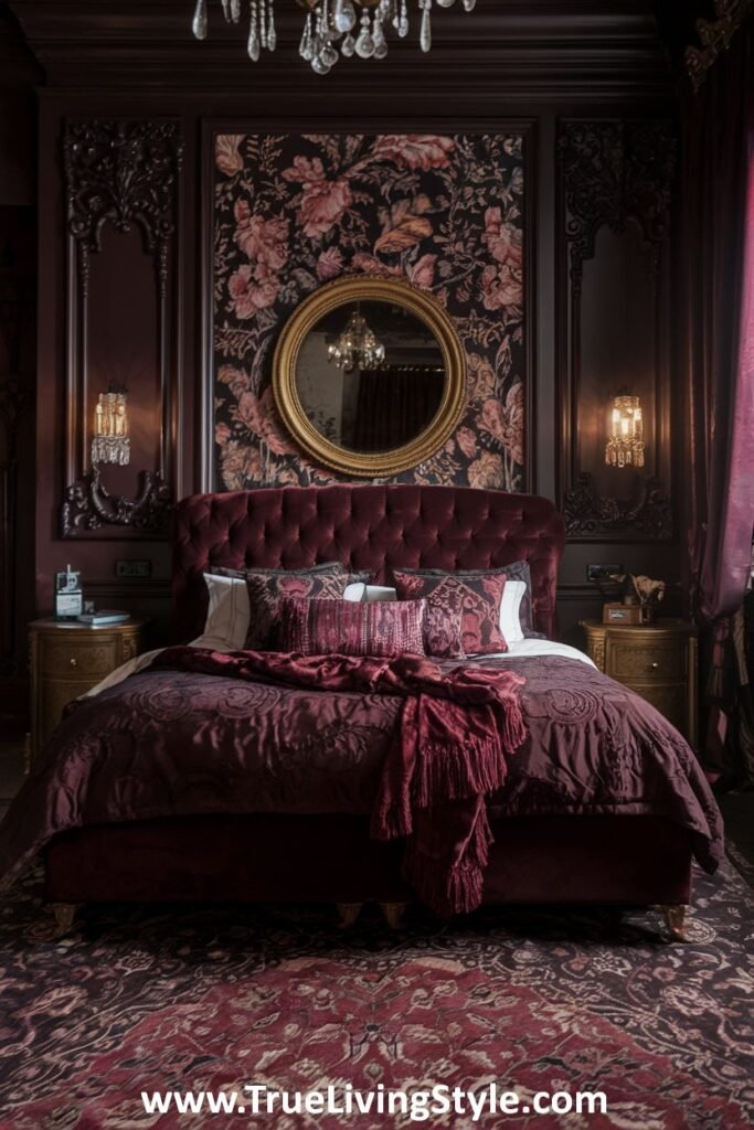 A bedroom with dark floral wallpaper, a tufted headboard, and dark red bedding.