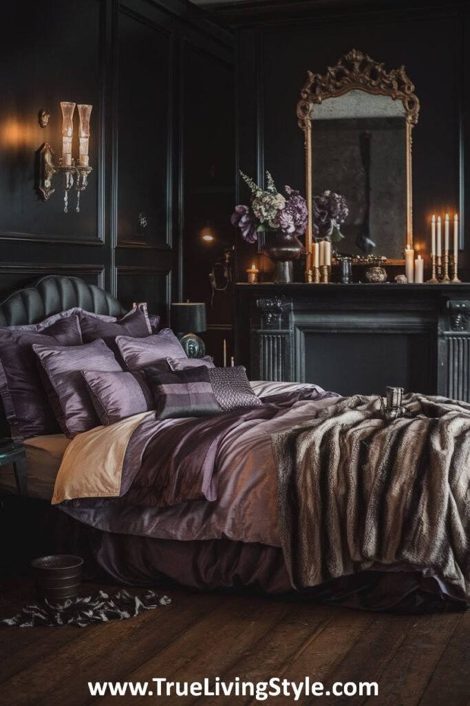 A bedroom featuring black walls, purple bedding, and a faux fur throw.