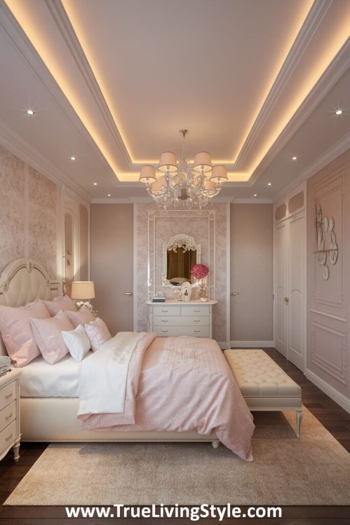 A bedroom with light pink walls, white furniture, and recessed lighting.