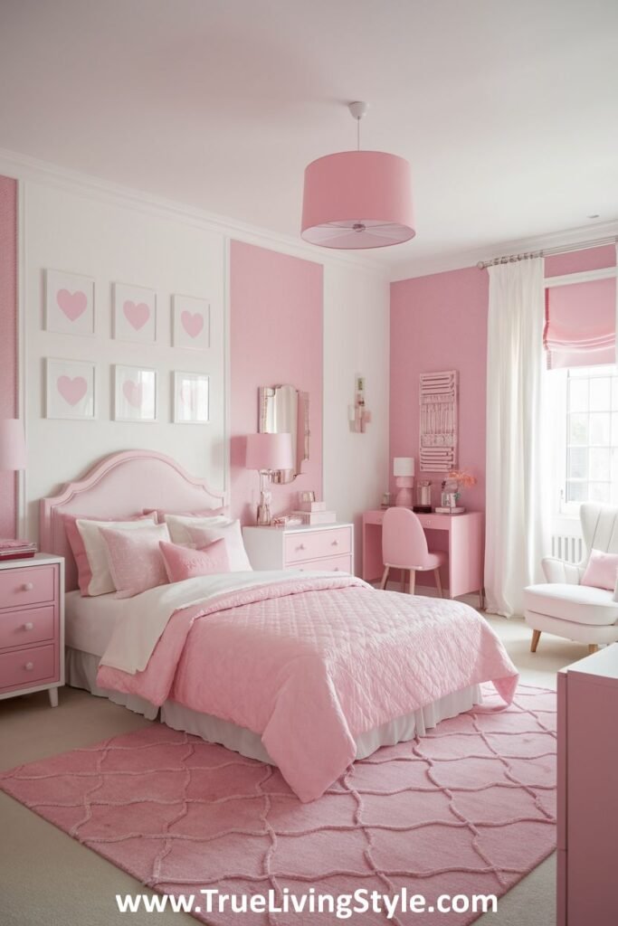 A predominantly pink bedroom with pink furniture and heart decorations.