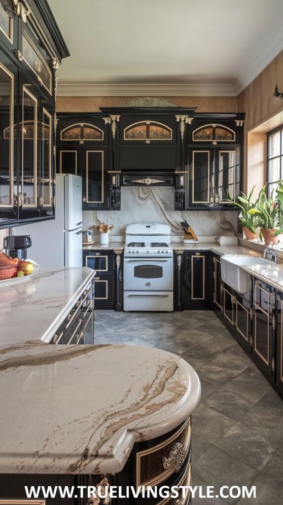 A kitchen with dark cabinets, light countertops, and a white stove.