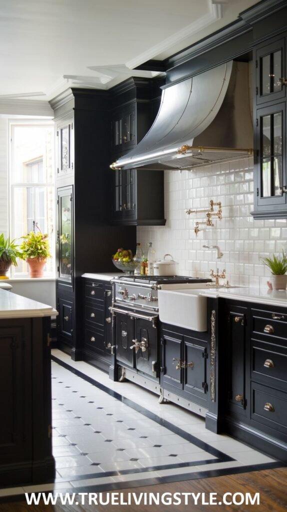 A kitchen featuring dark cabinets, white countertops, and a white farmhouse sink.