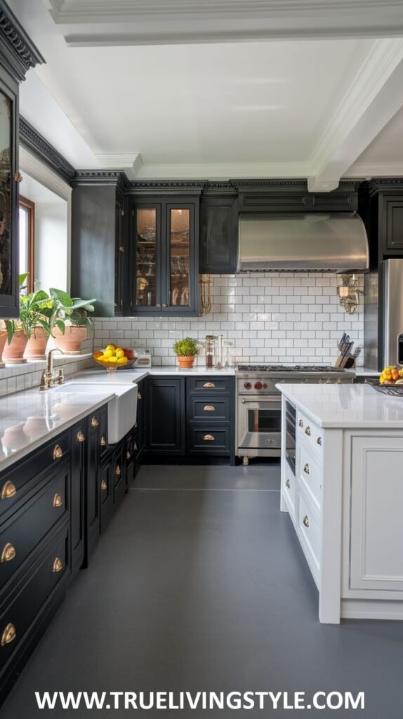 A kitchen with dark cabinets, a white island, and stainless steel appliances.