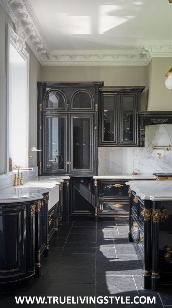 A kitchen featuring dark cabinets with gold hardware, white countertops, and dark tile floors.