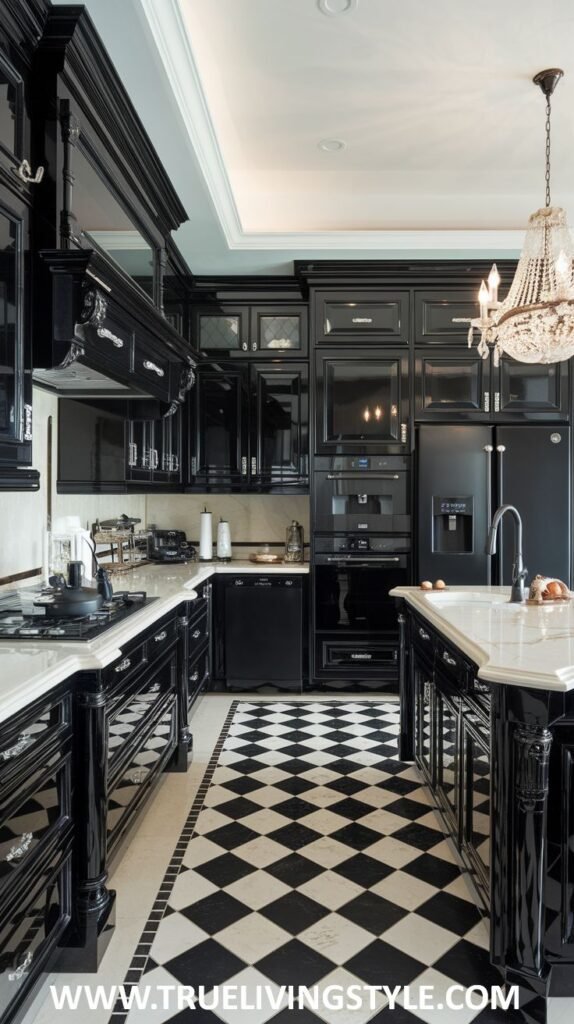 A kitchen featuring black cabinets, a white marble island, and black and white checkered floors.