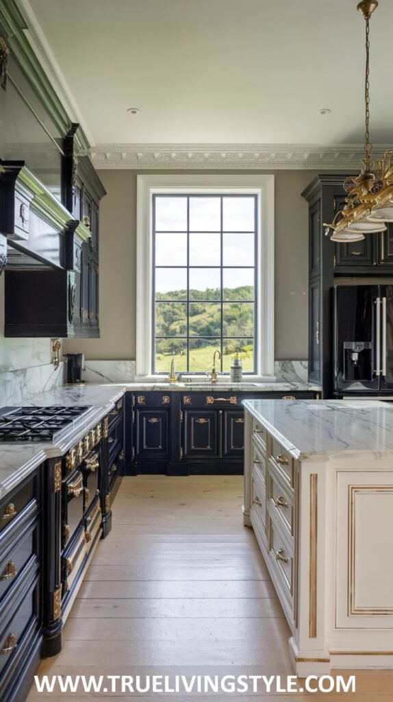 A kitchen featuring black cabinets with gold hardware, a white island, and light wood floors.