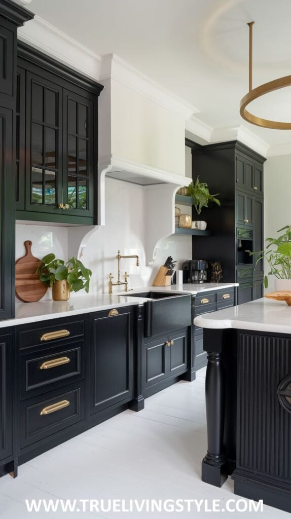 A kitchen featuring dark cabinets, a white countertop, and white floors.