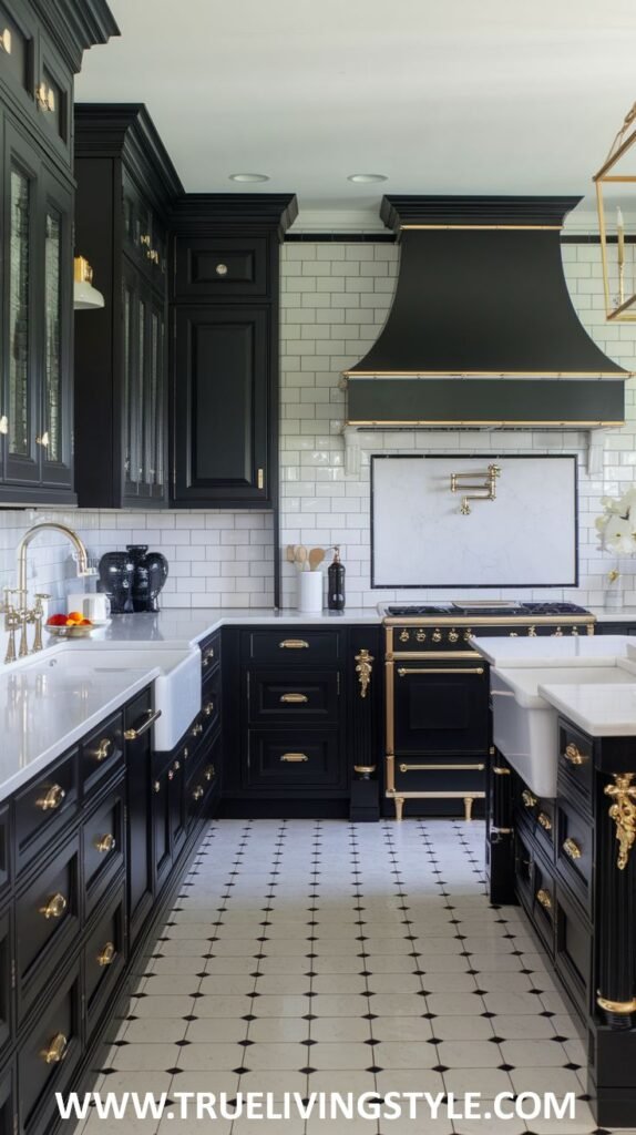 A kitchen featuring black cabinets with gold hardware, white countertops, and a black and white tiled floor.