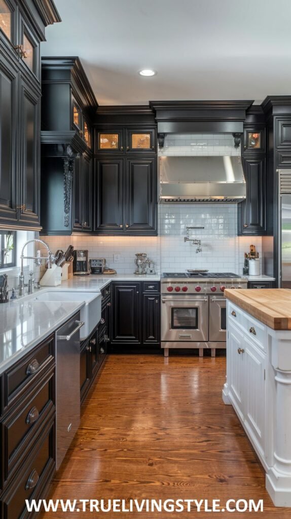 A kitchen featuring dark cabinets, stainless steel appliances, and hardwood floors.