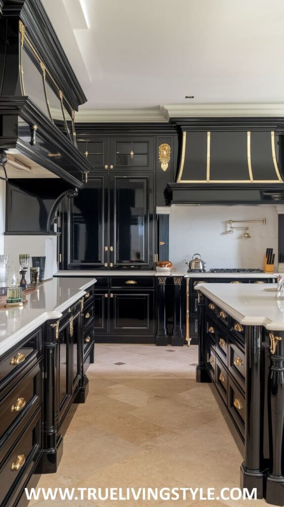 A kitchen featuring dark cabinets with gold accents, light countertops, and hardwood floors.