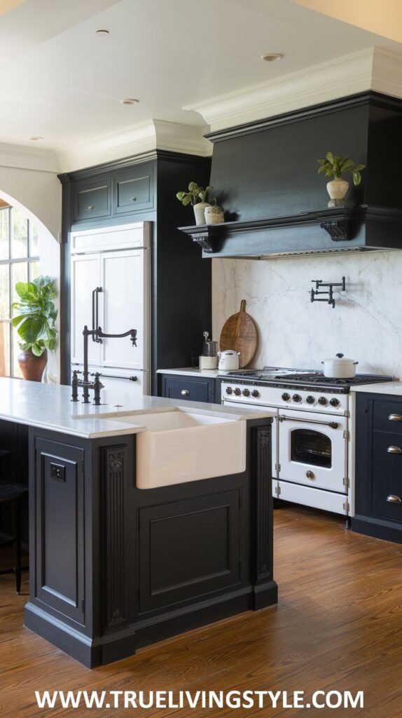 A kitchen with a large island, farmhouse sink, and black cabinets.