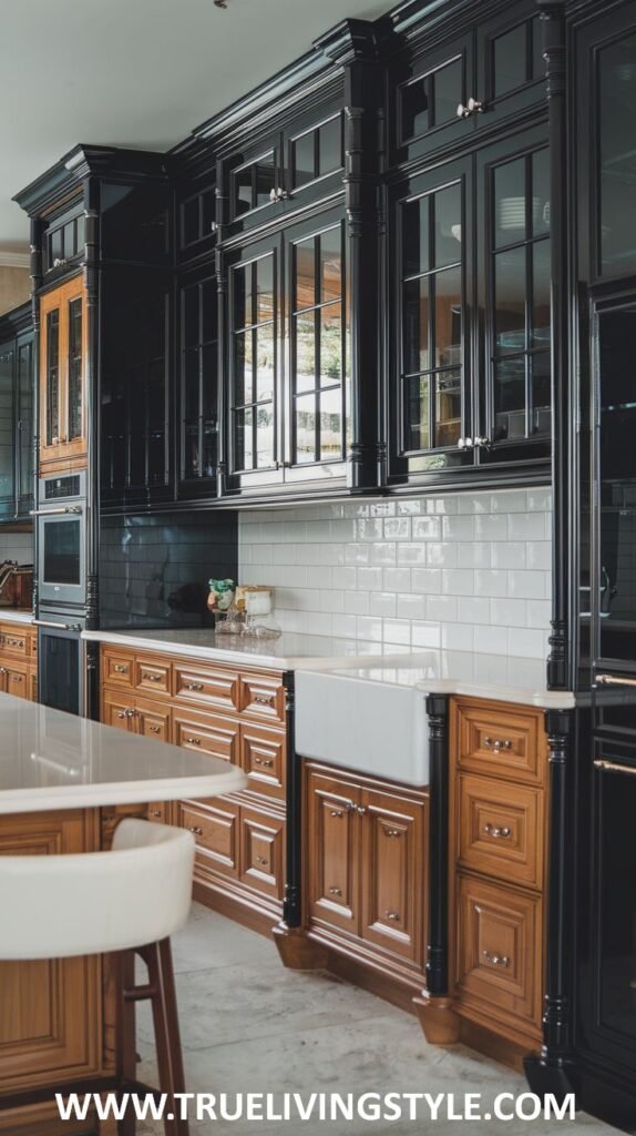 A kitchen showcasing a combination of dark and light wood cabinets with a white farmhouse sink.