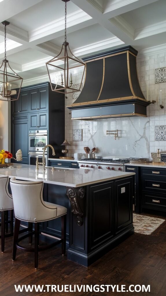 A kitchen with dark blue cabinets, a white marble island, and unique pendant lighting.