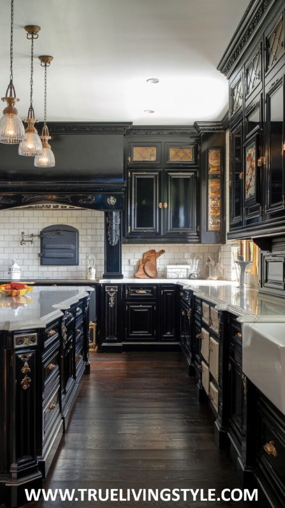 A kitchen featuring dark cabinets, hardwood floors, and a large island.