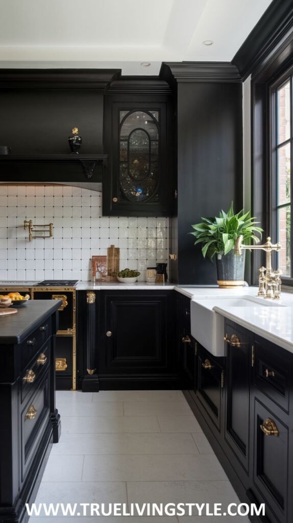 A kitchen with black cabinets, white countertops, and gold accents.