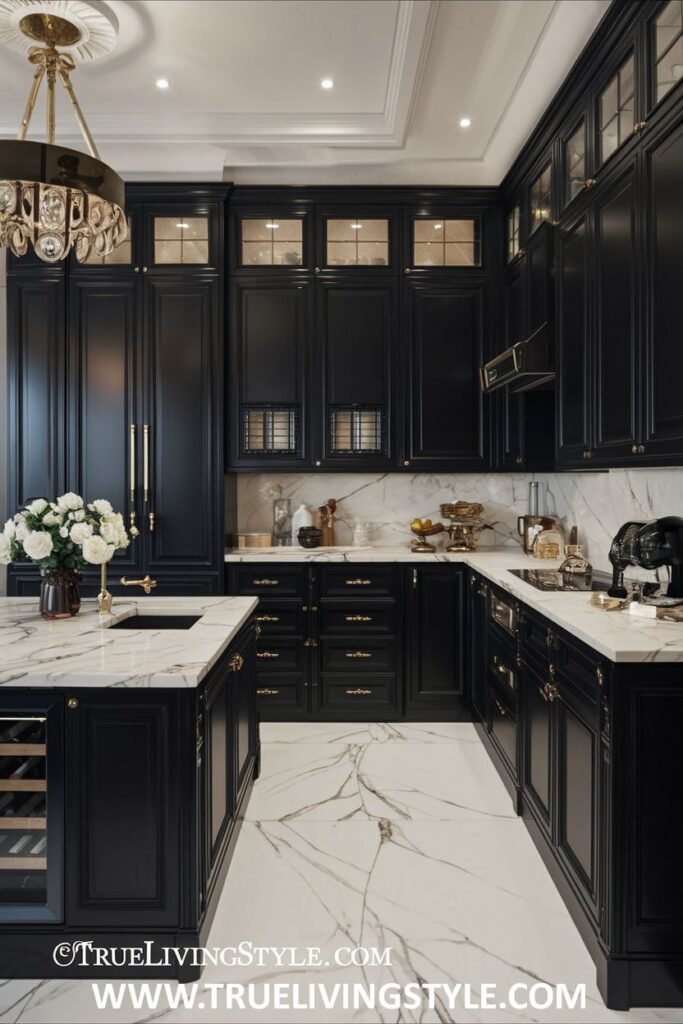 A kitchen featuring black cabinets, a marble island, and a chandelier.