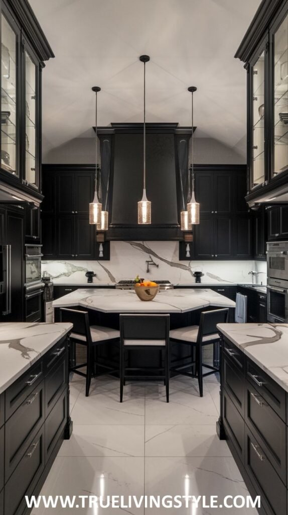 A kitchen with a large, uniquely shaped island, dark cabinets, and pendant lights.