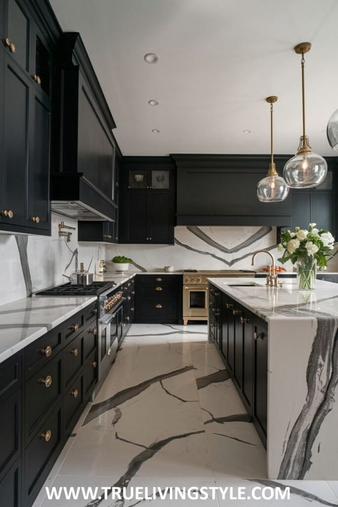 A kitchen featuring dark lower cabinets, white countertops and backsplash, and an island.