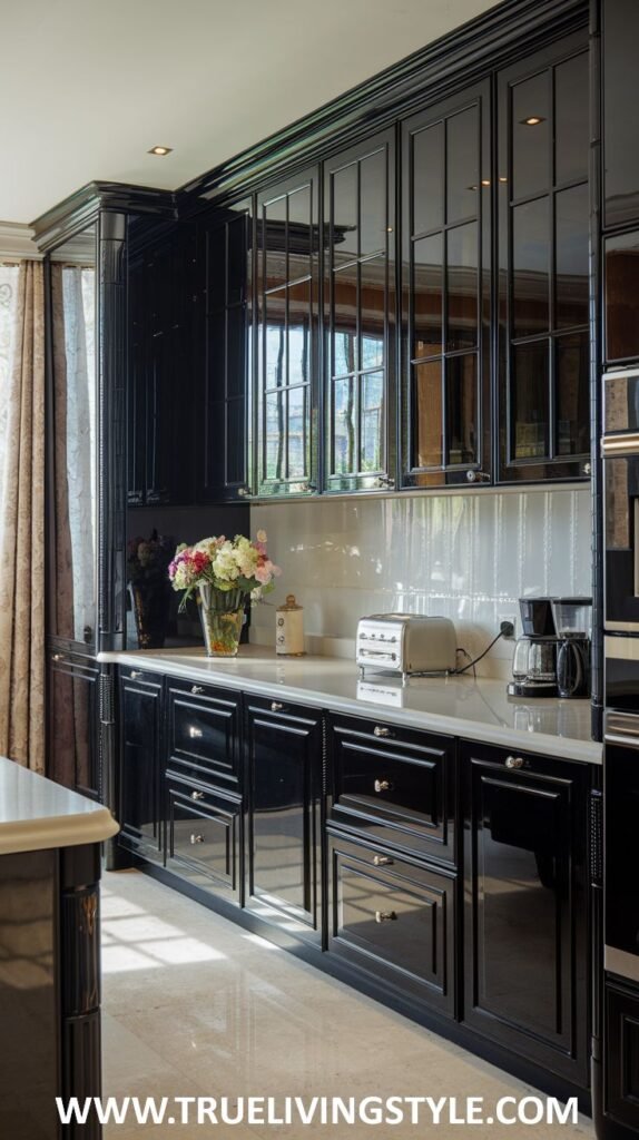 A kitchen featuring black cabinets, glass-front cabinets, and white countertops.