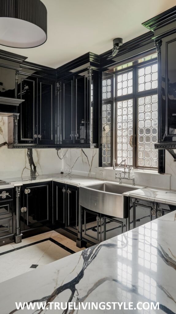 A kitchen with dark cabinets, marble countertops and backsplash, and a stainless steel farmhouse sink.