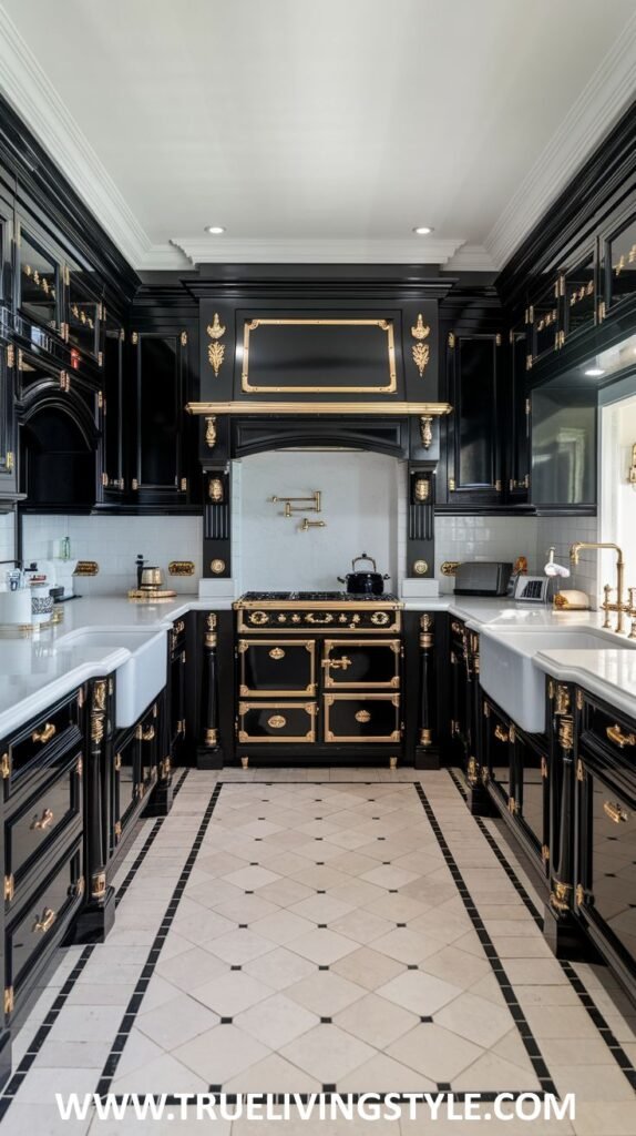 A kitchen featuring black cabinets with gold trim, white countertops, and tiled floors.