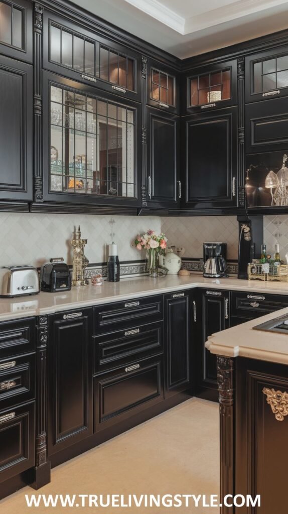 A kitchen featuring dark cabinets with decorative hardware and glass-front cabinets.