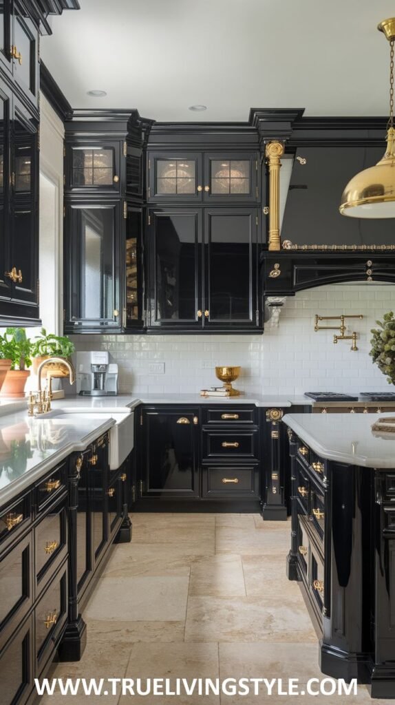 A kitchen featuring black cabinets with gold accents, white countertops, and stainless steel appliances.