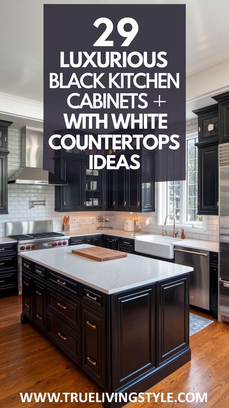 29 Luxurious Black Kitchen Cabinets with White Countertops Ideas