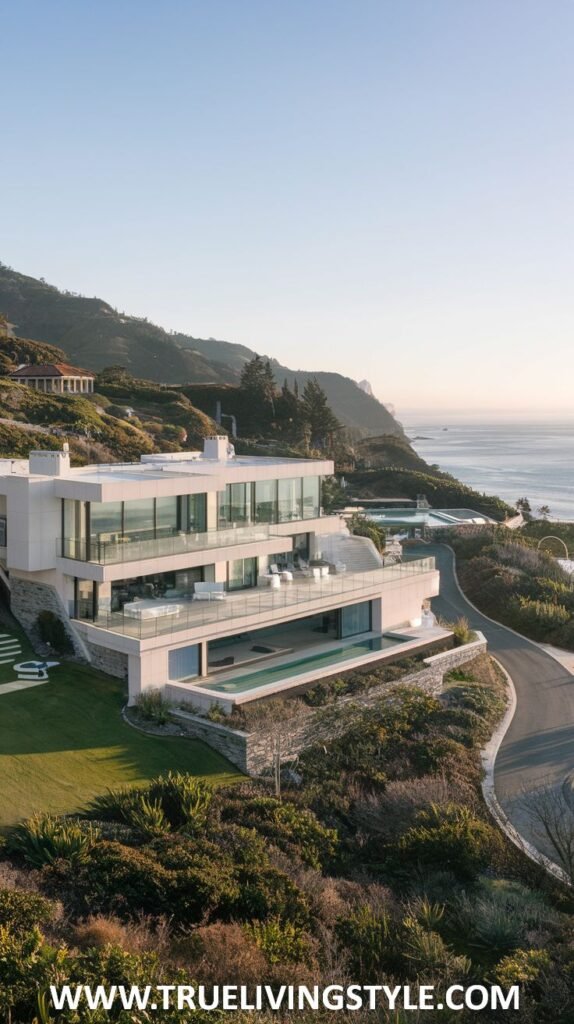 A multi-story modern house on a hillside with ocean views.