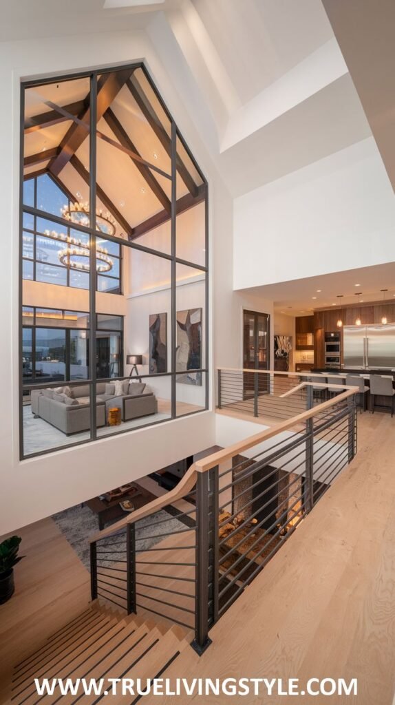 An interior view of a modern home with high ceilings, large windows, and open living spaces.