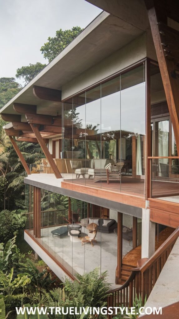 A multi-story home with glass walls and wooden support beams surrounded by dense foliage.