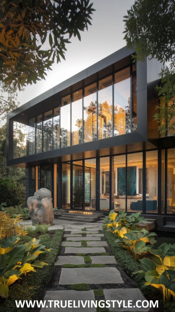 A modern house with dark exteriors and large windows, complemented by a stone pathway and greenery.