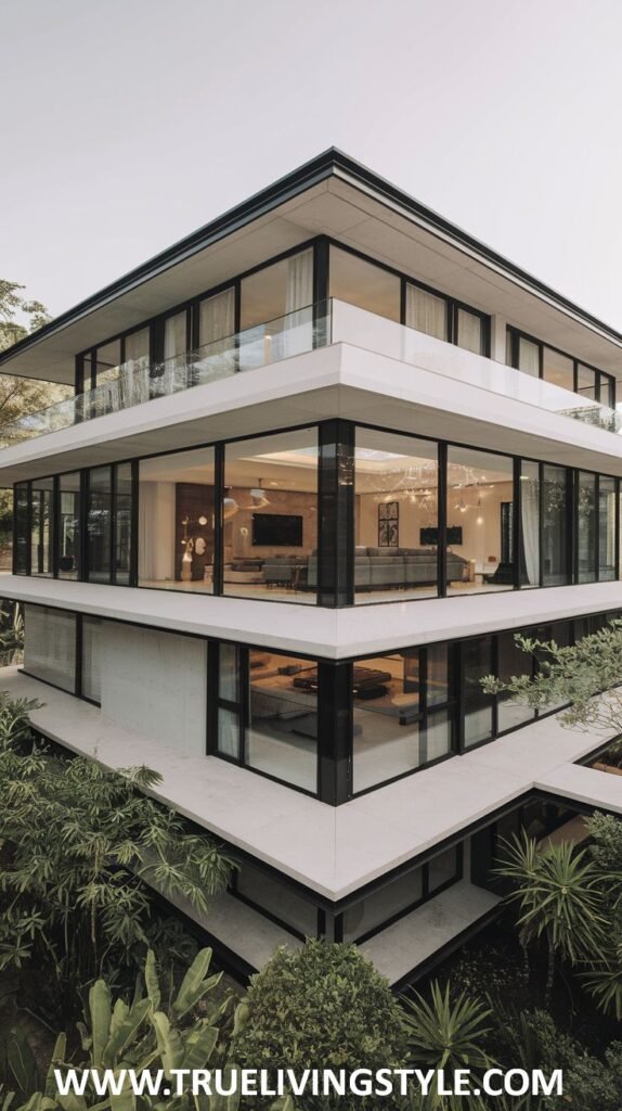 A modern three-story home with large glass windows surrounded by greenery.