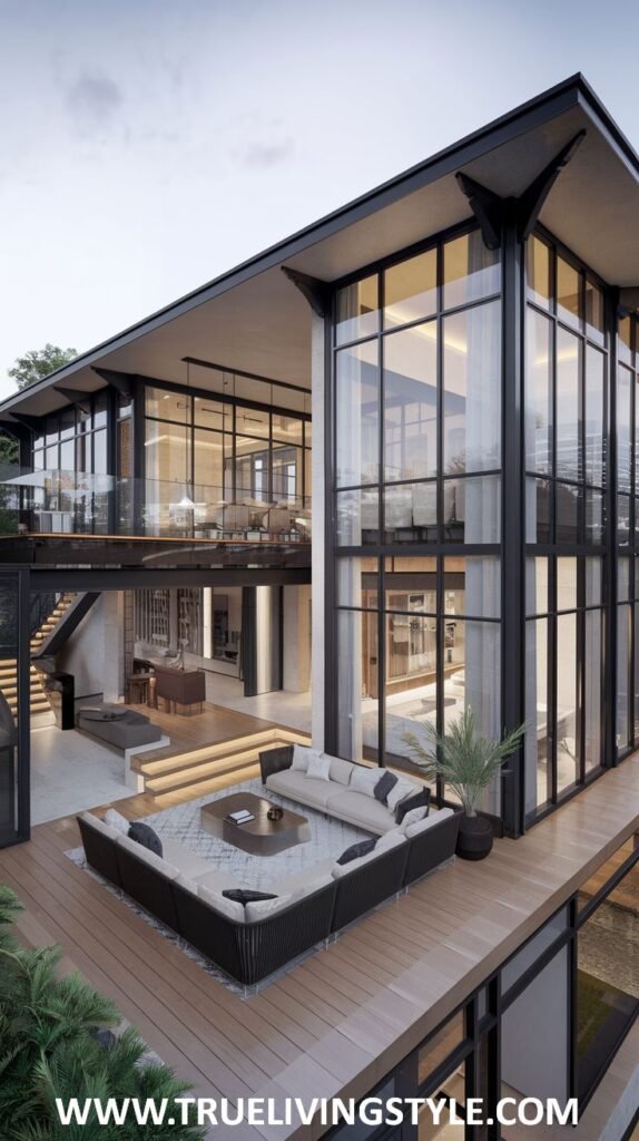 A modern home featuring expansive glass walls and an open deck area with outdoor seating.