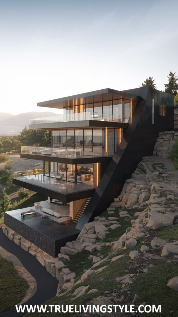 A modern multi-story house built on a rocky hillside with multiple balconies.