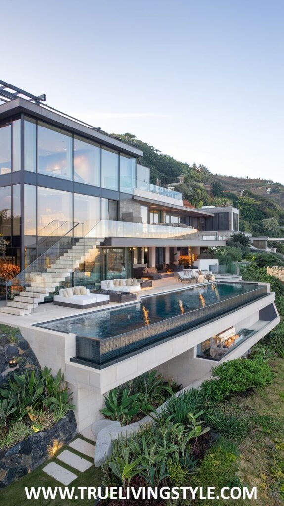 A modern multi-story house on a hillside featuring an infinity pool.