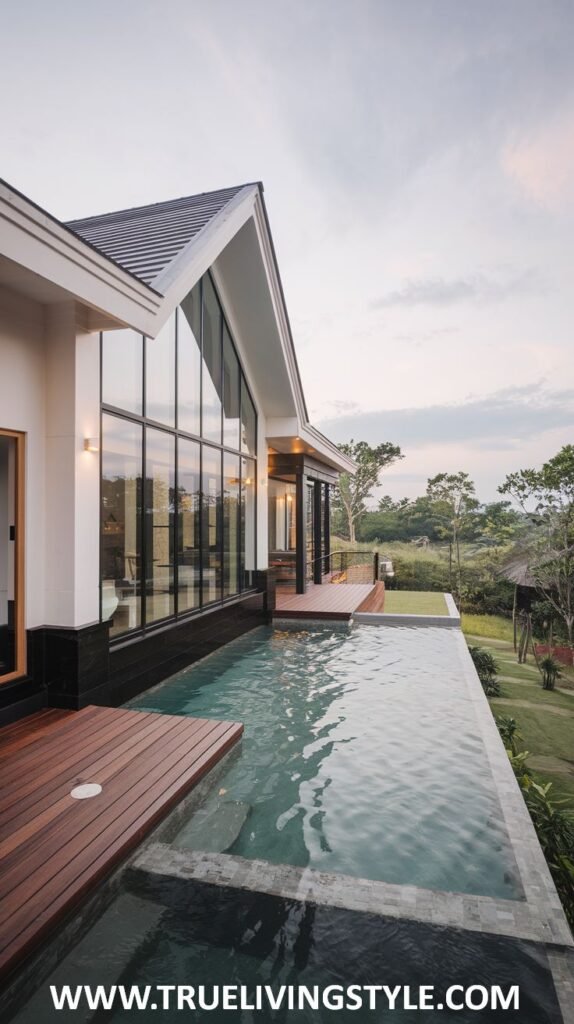 A modern house with an infinity pool extending from the side.