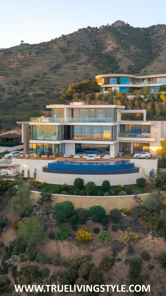 A sprawling modern house on a hillside, featuring multiple levels and a swimming pool.