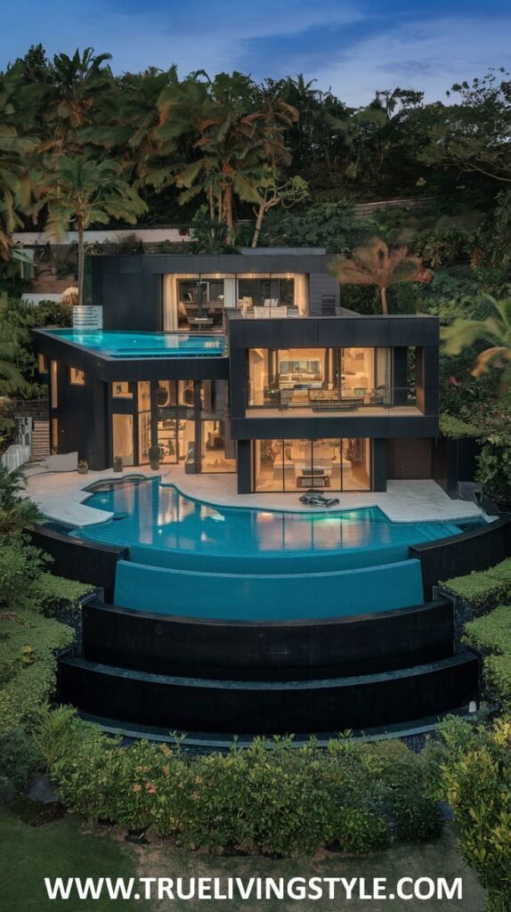 A modern house with tiered pools surrounded by lush vegetation.