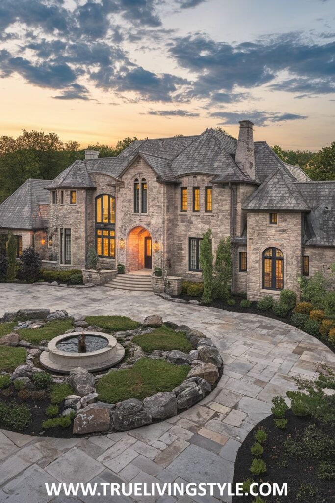 A large, traditional-style home with a circular driveway and fountain.