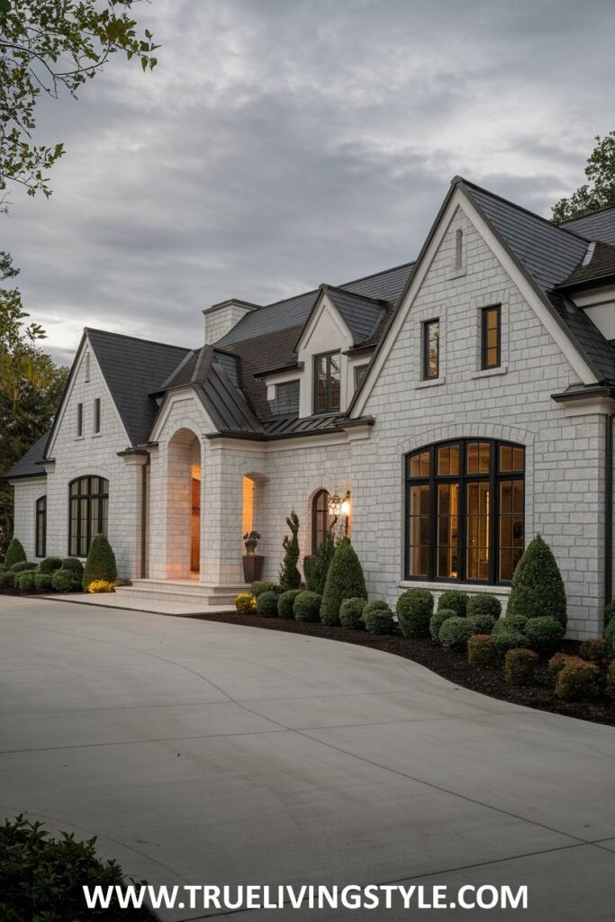 A large, light-colored brick home with dark window frames and manicured landscaping.