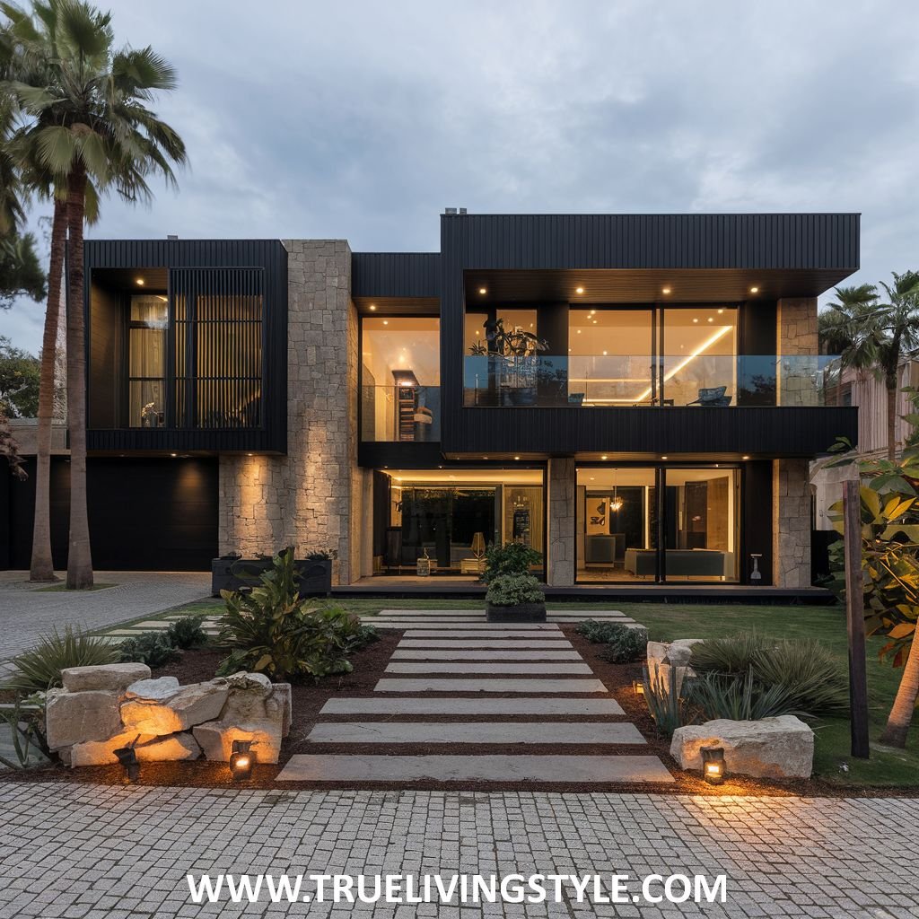 A modern two-story home with a combination of dark and stone exterior elements.