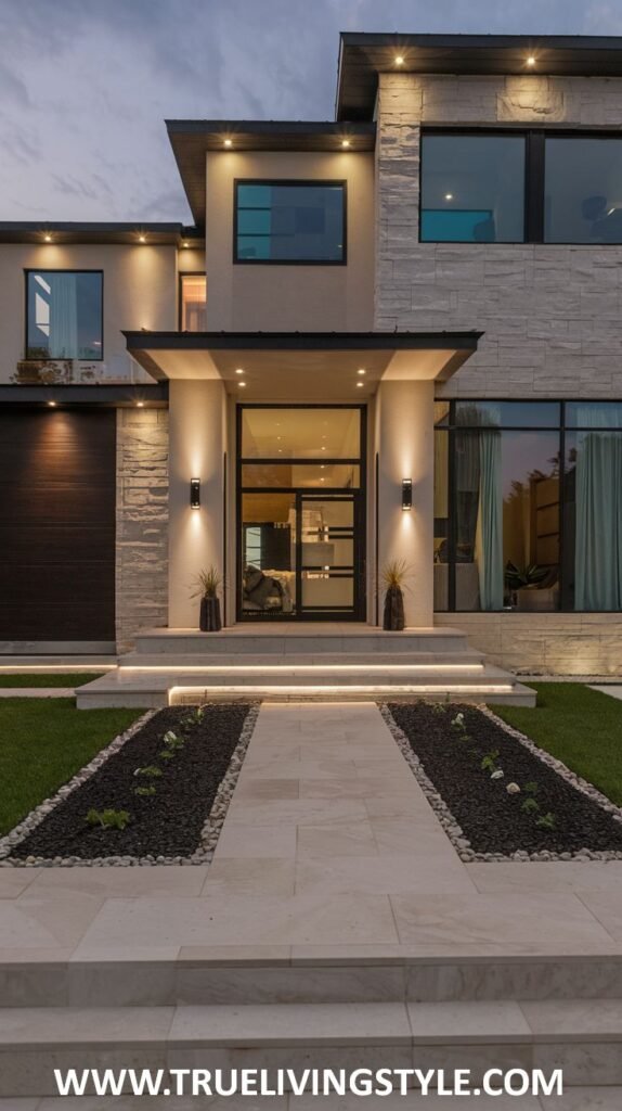 A modern home exterior with a stone facade, dark-framed windows, and a walkway with black rock landscaping.