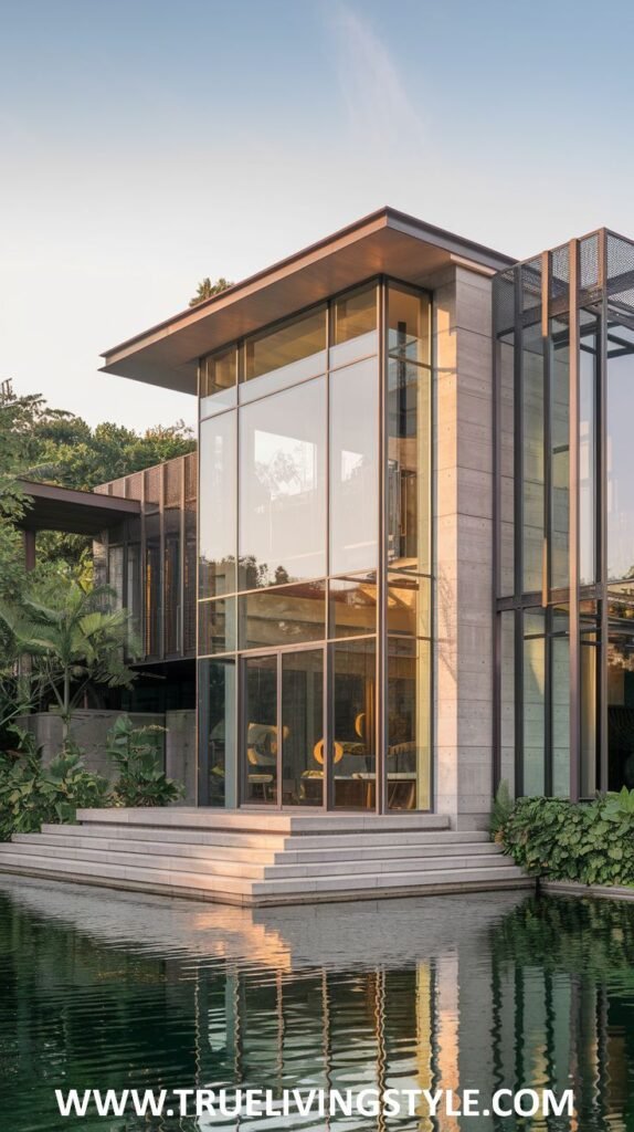 A modern glass and concrete home with a reflecting pool.